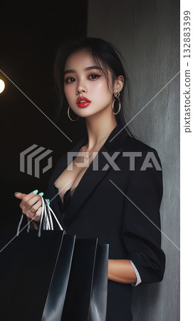 Chic portrait of a young Asian woman holding matte black bags with red ribbons, Black Friday themed urban minimalism for commercial use 132883399