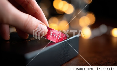 Close-up macro shot of a red SALE sticker being removed from a glossy black product box, perfect for seasonal promotions and retail campaigns 132883418