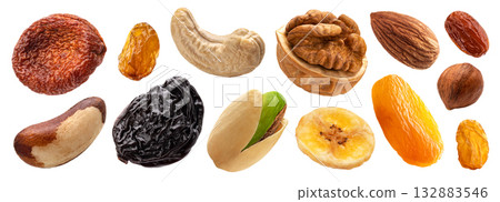 Collection of nuts and dried fruits isolated on white background with clipping path 132883546