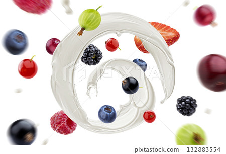 Wild berries with milk splash. Falling fruits with yogurt isolated on white background Wild berries with milk splash. Falling fruits with yogurt isolated on white background 132883554