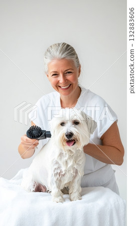 Stylish pet grooming concept with soft textures, white fur, and bright light perfect for editorial and product marketing 132883606