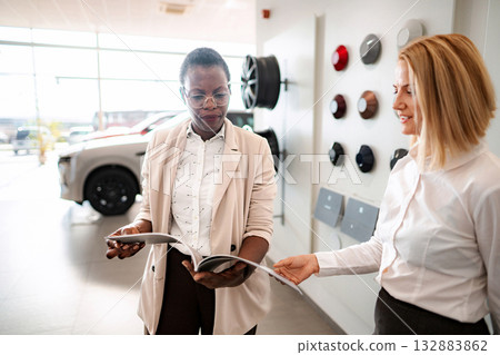 Woman salesperson helping customer choosing new car 132883862