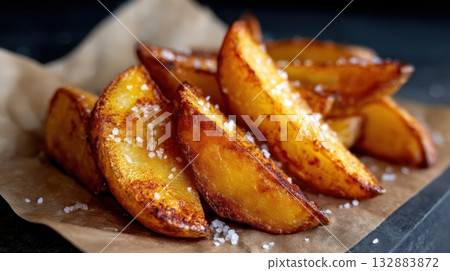 Close-up of golden spiced potato wedges on parchment paper, rustic snack photography for culinary projects 132883872