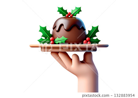 Festive 3d cartoon hand serving delicious chocolate pudding decorated with holly, perfect for christmas dessert concepts, holiday menus, cozy winter celebrations 132883954