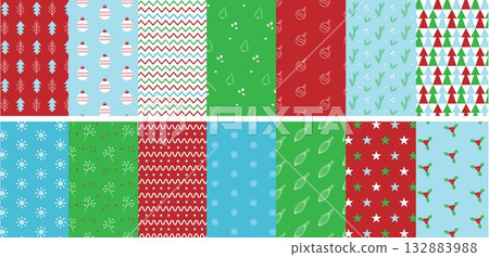 Set of Christmas patterns in a simple minimalist style. Geometric abstract Christmas and new year symbols for wrapping paper, background, fashionable, modern abstract design. 132883988