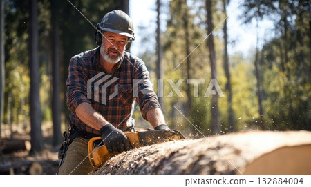 Caucasian lumberjack cutting tree trunk with chainsaw in forest clearing, morning light and flying wood chips. 132884004