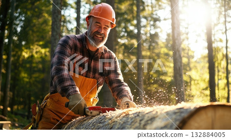 Lumberjack Cutting Tree Trunk with Chainsaw in Forest Clearing in Morning Light 132884005