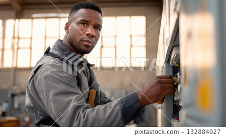 Electrician Inspecting Open Electrical Panel in Industrial Workshop with Tool Belt Electrician Inspecting Open Electrical Panel in Industrial Workshop with Tool Belt 132884027
