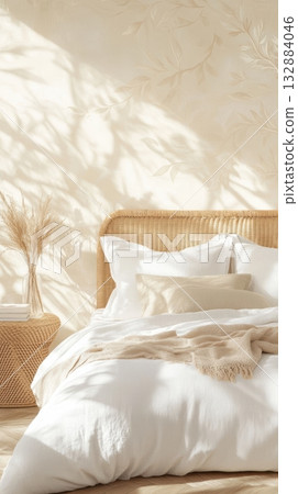 Serene bedroom design with warm lighting, organic textiles, and calming atmosphere for restful nights. 132884046