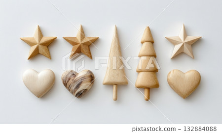 Scandinavian Wooden Christmas Ornaments with Stars and Trees Isolated on White Background 132884088