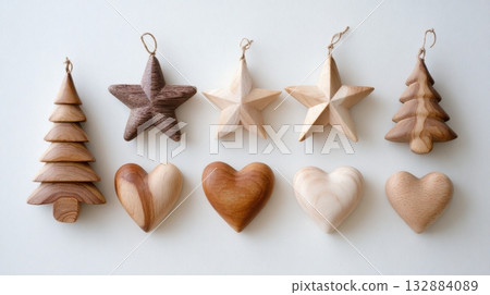 Scandinavian Wooden Christmas Ornaments with Stars and Trees Isolated on White Background 132884089
