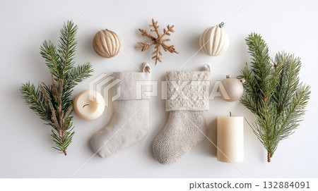 Minimalist Christmas ornaments styled in Scandinavian design, isolated on white background with natural textures and warm seasonal charm. 132884091