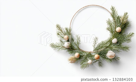 Simple handmade Scandinavian Christmas wreath in natural tones, styled for modern festive interiors. 132884103