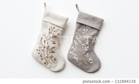 Minimalist Scandinavian Linen Christmas Stockings in Neutral Tones Isolated on White Minimalist Scandinavian Linen Christmas Stockings in Neutral Tones Isolated on White 132884138