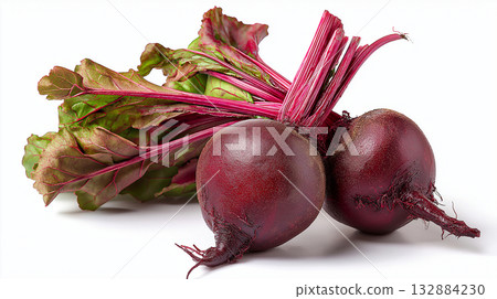 Raw organic beets with rustic texture and leafy tops, ideal for cooking, detox, and healthy lifestyle concepts. 132884230