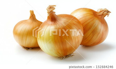 Fresh Golden Onions Isolated on White Background Rustic Farm Organic Style 132884246