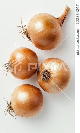Fresh Golden Onions Isolated on White Background Rustic Farm Organic Style 132884247