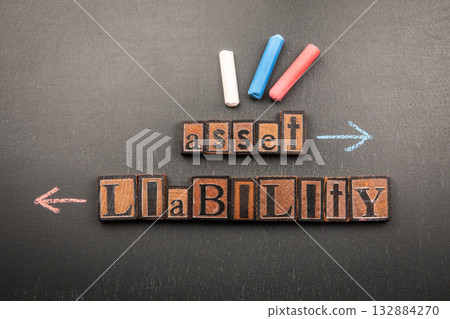 Asset And Liability Concept With Wooden Letters And Chalk Arrows 132884270