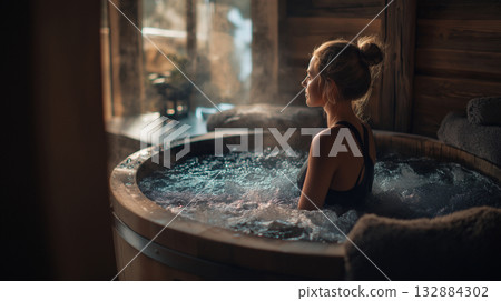 Cold therapy ritual in wooden tub highlights modern wellness trend and mindful living. 132884302