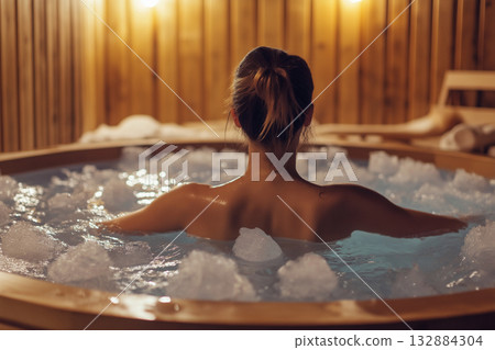 Indoor spa ice bath session with warm lighting, combining comfort and health benefits. 132884304