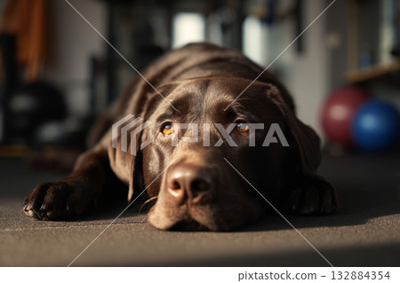 Labrador lies comfortably on a training mat after a session, looking relaxed with a peaceful expression. This moment captures the bond between fitness and pet wellness perfectly 132884354