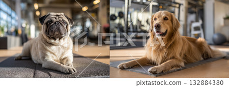 In a bright and spacious fitness center, a pug and a golden retriever relax on separate mats, showcasing their companionship during a wellness and training session, banner 132884380