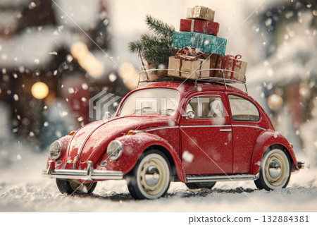 A vibrant red car adorned with colorful gifts drives through a snowy street. The scene captures the essence of Christmas with a nostalgic 50s vibe and festive decorations 132884381
