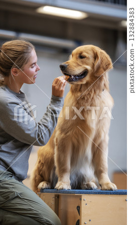 A golden retriever stands on a platform, eagerly receiving a treat from a professional dog trainer. This agility training takes place indoors in a well-lit facility 132884383