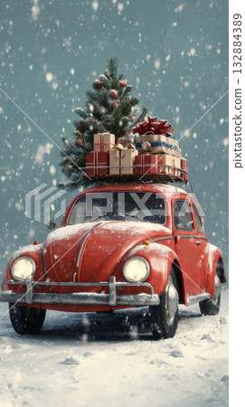 A vibrant red car adorned with colorful gifts drives through a snowy street. The scene captures the essence of Christmas with a nostalgic 50s vibe and festive decorations 132884389