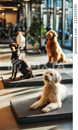 Several dogs engage in various training activities on mats in a bright fitness space designed for canine rehabilitation and wellness Several dogs engage in various training activities on mats in a bright fitness space designed for canine rehabilitation and wellness 132884390