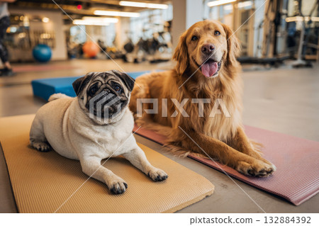 A pug and a golden retriever sit on their respective mats in a contemporary indoor fitness area designed for canine training and rehabilitation. The setting promotes healthy interaction 132884392