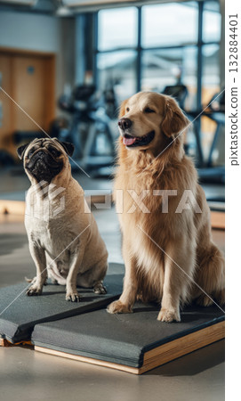 A pug and a golden retriever sit on their respective mats in a contemporary indoor fitness area designed for canine training and rehabilitation. The setting promotes healthy interaction 132884401