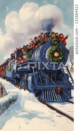 A vibrant green train filled with joyful passengers dressed in retro winter clothing rolls through a snowy landscape, celebrating Christmas with festive decorations and laughter 132884421