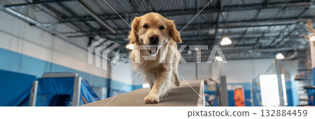 A golden retriever joyfully runs up a ramp in a spacious dog-friendly gym designed for fitness and rehabilitation. The gym features various platforms and tunnels, banner 132884459