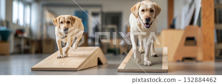 Two lively Labradors are balancing and playing on wooden ramps in a spacious dog training room. This area promotes fitness, mobility, and healthy interaction, banner 132884462