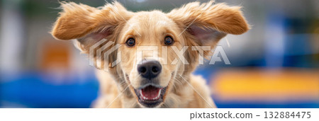 A golden retriever happily climbs a ramp in a dog-friendly gym. The space features various platforms and tunnels to support training and rehabilitation for pets, banner 132884475
