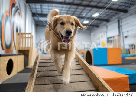 Golden retriever excitedly ascends a ramp in a dog-friendly gym filled with platforms and tunnels, promoting health, exercise, and mobility for active pets 132884478