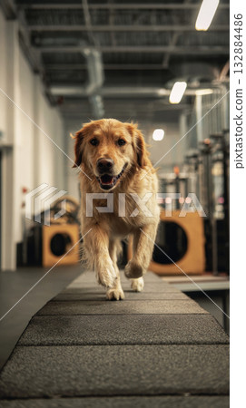 Golden retriever excitedly ascends a ramp in a dog-friendly gym filled with platforms and tunnels, promoting health, exercise, and mobility for active pets Golden retriever excitedly ascends a ramp in a dog-friendly gym filled with platforms and tunnels, promoting health, exercise, and mobility for active pets 132884486