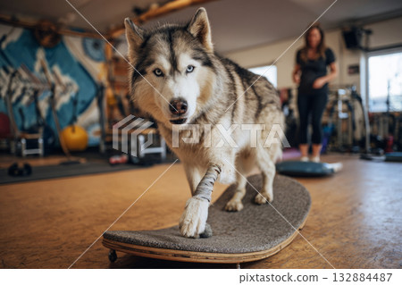 A husky skillfully navigates a tunnel and climbs on a platform in a contemporary indoor dog training area, promoting health and exercise. A trainer is present to assist 132884487