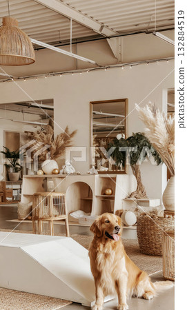 A golden retriever happily runs up a ramp in a spacious dog-friendly gym filled with platforms and tunnels, embodying the spirit of fitness and playful exercise for pets 132884519