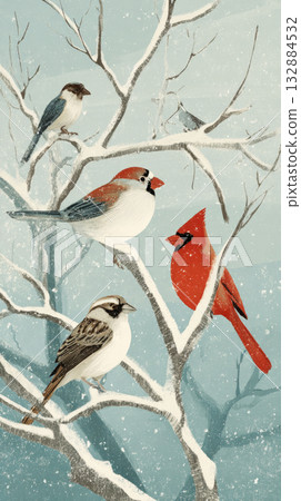 Bright red cardinals and small bullfinches adorn snow-covered branches in a nostalgic Christmas setting, capturing the charm of the 50s and 60s holiday spirit Bright red cardinals and small bullfinches adorn snow-covered branches in a nostalgic Christmas setting, capturing the charm of the 50s and 60s holiday spirit 132884532