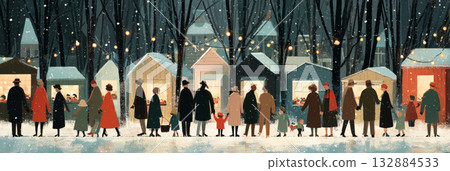 In a charming Christmas Town, families and friends stroll through a snowy market full of festive stalls. Warm lights glow from buildings, bringing holiday cheer on a winter evening, banner In a charming Christmas Town, families and friends stroll through a snowy market full of festive stalls. Warm lights glow from buildings, bringing holiday cheer on a winter evening, banner 132884533