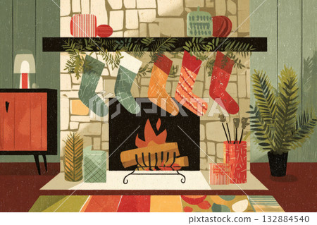 A warm holiday atmosphere showcases a decorated fireplace with vibrant stockings hung neatly. Nearby, colorful gifts and greenery add to the retro charm of this cozy Christmas setting 132884540