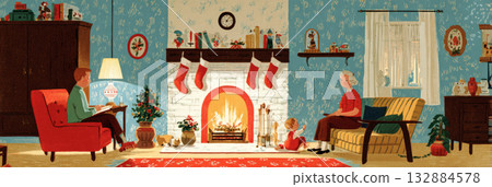 A family sits closely together in front of a bright fireplace, enjoying a cozy Christmas evening. Colorful stockings hang above the flames, creating a warm and festive atmosphere, banner A family sits closely together in front of a bright fireplace, enjoying a cozy Christmas evening. Colorful stockings hang above the flames, creating a warm and festive atmosphere, banner 132884578