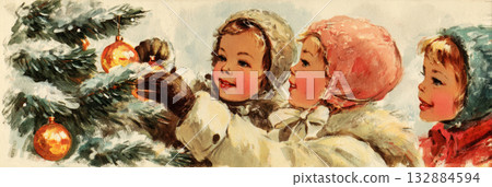 Two children happily place colorful decorations on a Christmas tree, capturing the nostalgia of holiday preparations from the 50s and 60s in a cheerful setting, banner 132884594