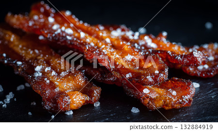 Gourmet salty-sweet bacon concept, combining savory crunch with caramel glaze, perfect for modern food marketing visuals. 132884919