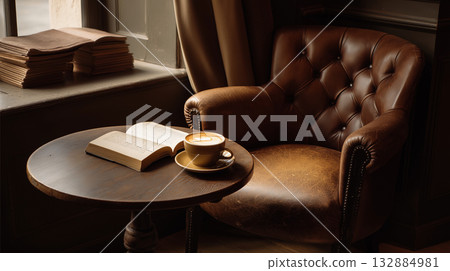 Cozy coffeehouse design featuring retro furniture, cappuccino and hygge mood, ideal for lifestyle and cafe branding visuals. 132884981
