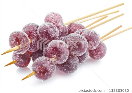 Traditional Chinese tanghulu dessert with sugar-coated grape skewers, perfect for minimal clean food visuals. Traditional Chinese tanghulu dessert with sugar-coated grape skewers, perfect for minimal clean food visuals. 132885080