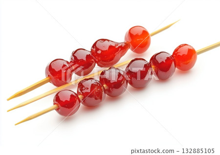 Traditional Chinese tanghulu with shiny sugar glaze, ideal for commercial food design, menus, and festive branding. 132885105