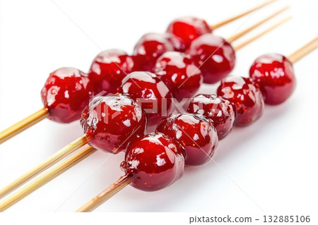 Traditional Chinese tanghulu with shiny sugar glaze, ideal for commercial food design, menus, and festive branding. 132885106